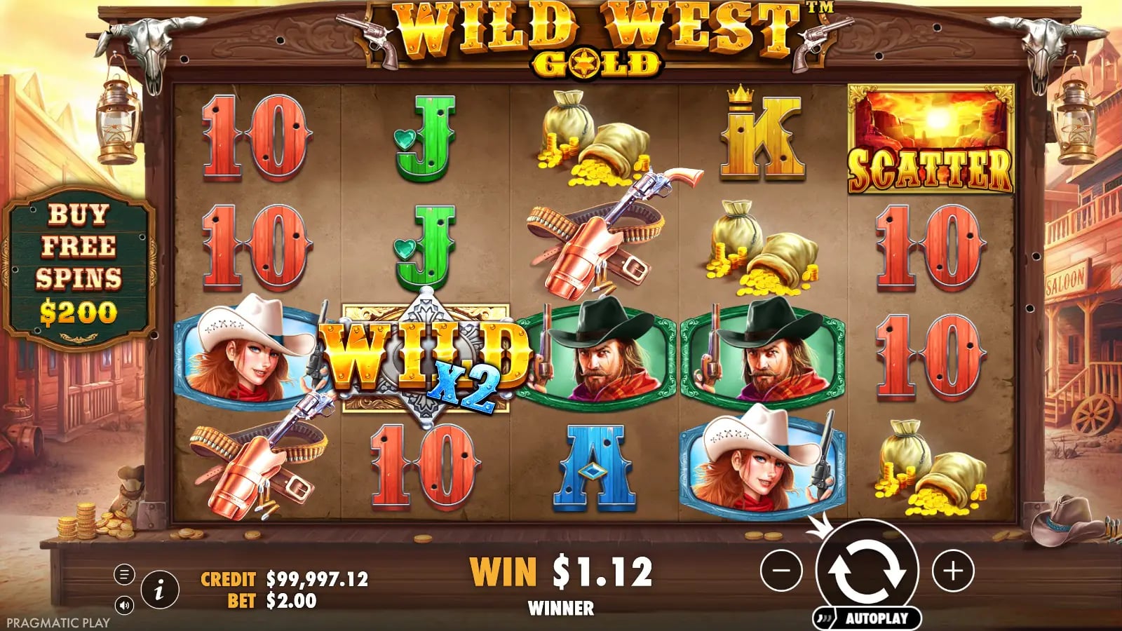 Wild West Gold ordinary $1.12 win with an x2 Wild on reel two and one Scatter on reel five.