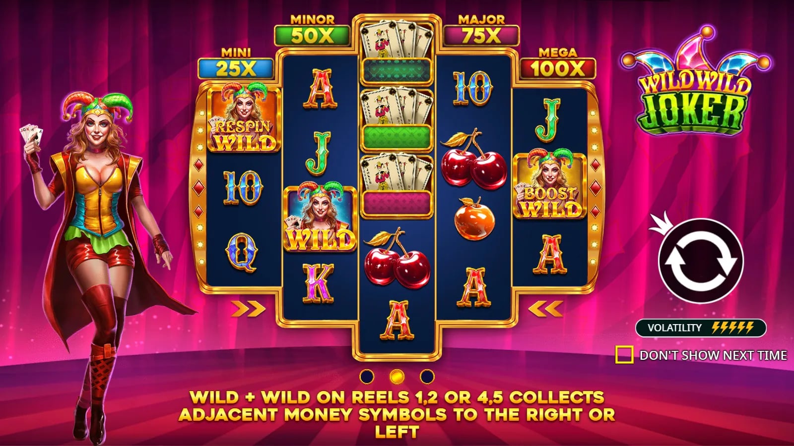 Wild Wild Joker official rules frame with symmetric five-reel board, Wild variants and directional collection explanation.