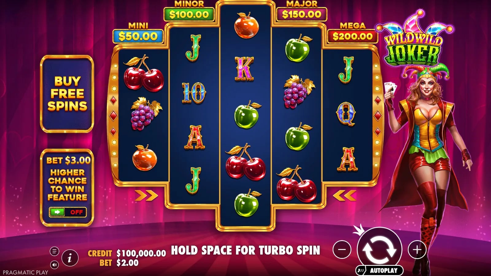 Wild Wild Joker ordinary shaped base-game reels with fruit and letter symbols, Buy Free Spins option and virtual-credit controls.