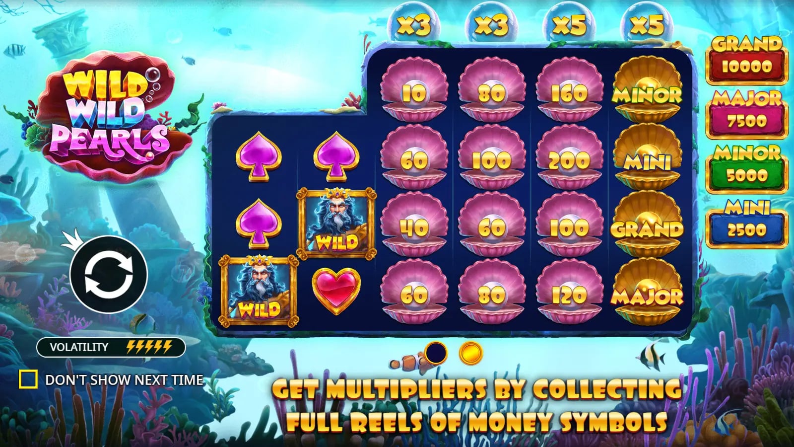 Wild Wild Pearls instructional frame with left-side Wilds, pearl money symbols, final-reel jackpot icons and bonus multipliers.