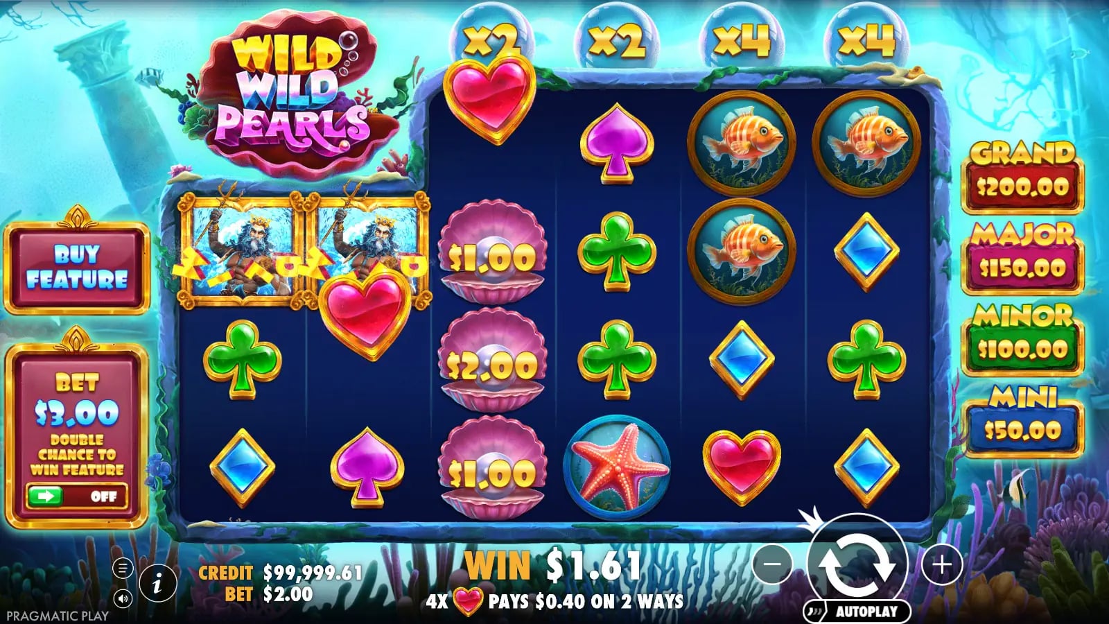 Wild Wild Pearls settled base result with two left-side Wild-to symbols, three pearl values and a $1.61 win.