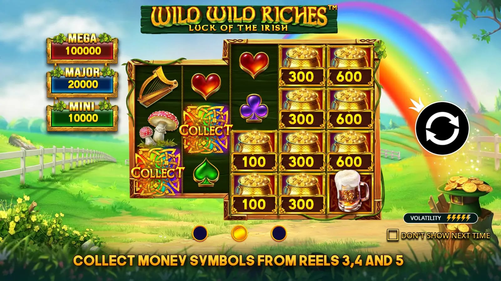Wild Wild Riches teaching overlay with Collect tiles, money pots and fixed jackpot labels.