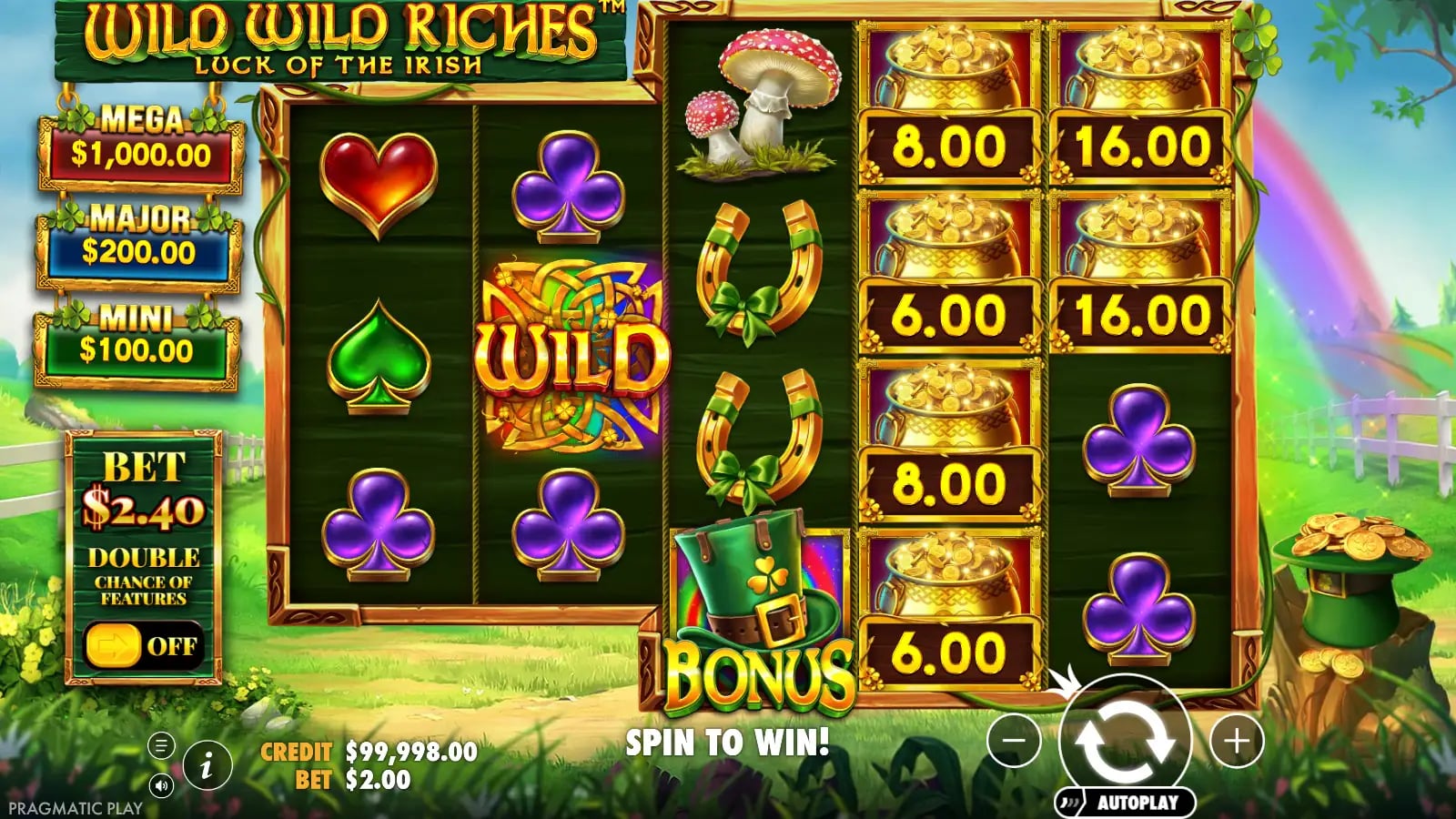Wild Wild Riches ordinary board with one reel-two Wild, a Bonus symbol and uncollected money pots.