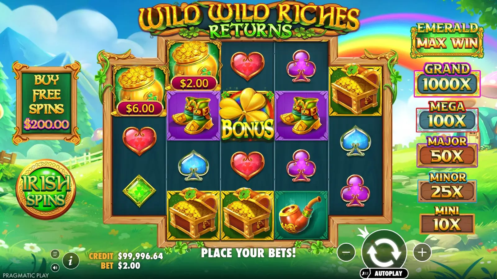 Wild Wild Riches Returns base spin with money coins and Bonus