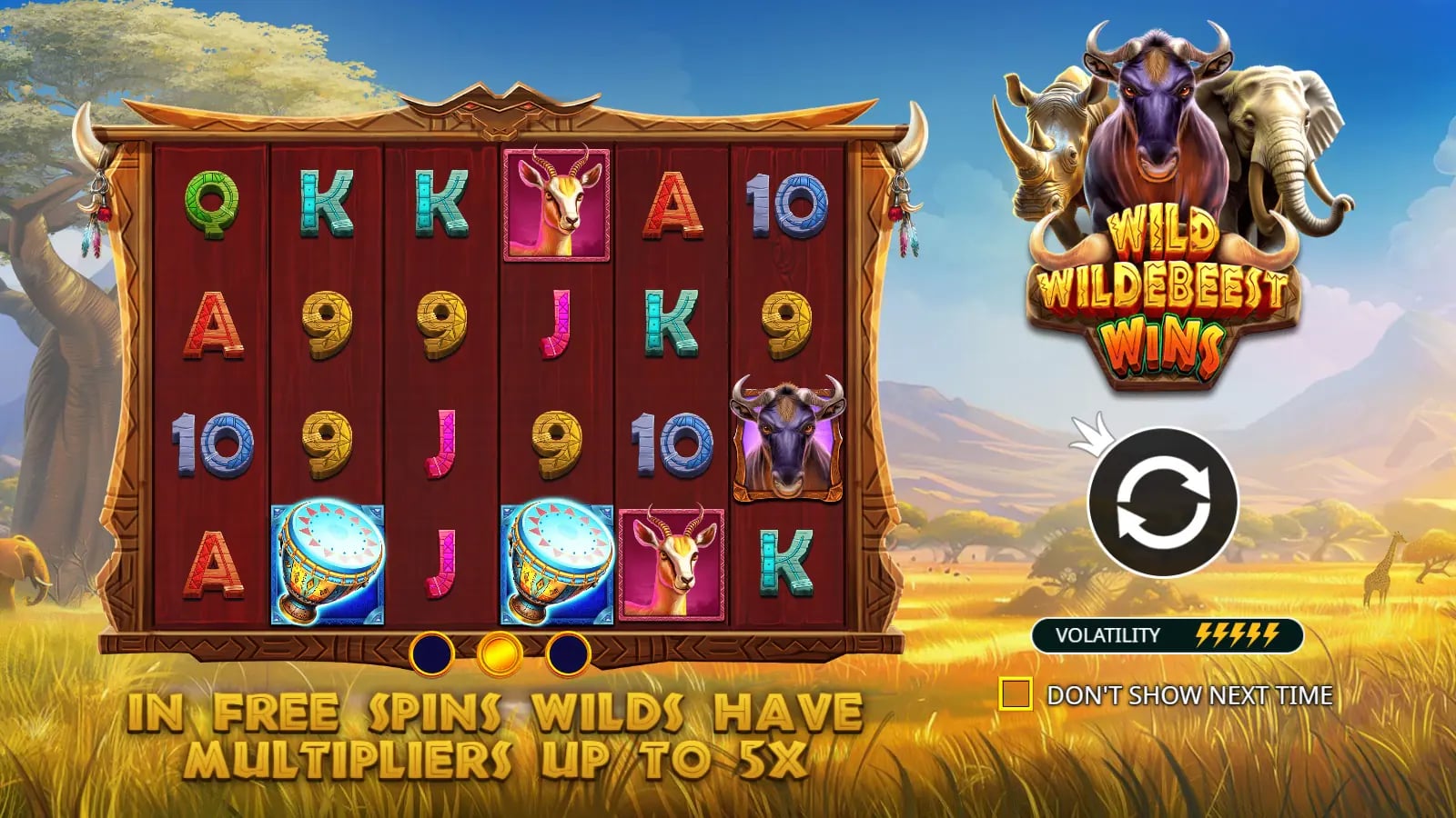 Wild Wildebeest Wins instruction screen showing a sample six-by-four grid.