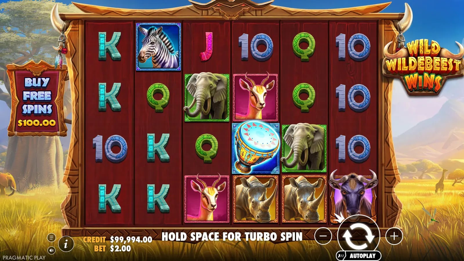 Wild Wildebeest Wins later base board with rhinos, zebra and one Scatter.