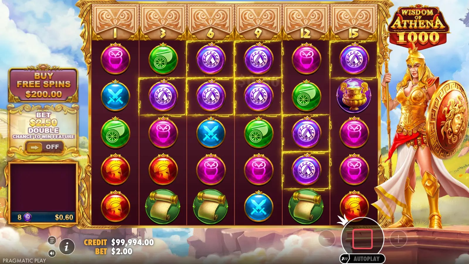 Wisdom of Athena 1000 base-game symbol win outlined in gold