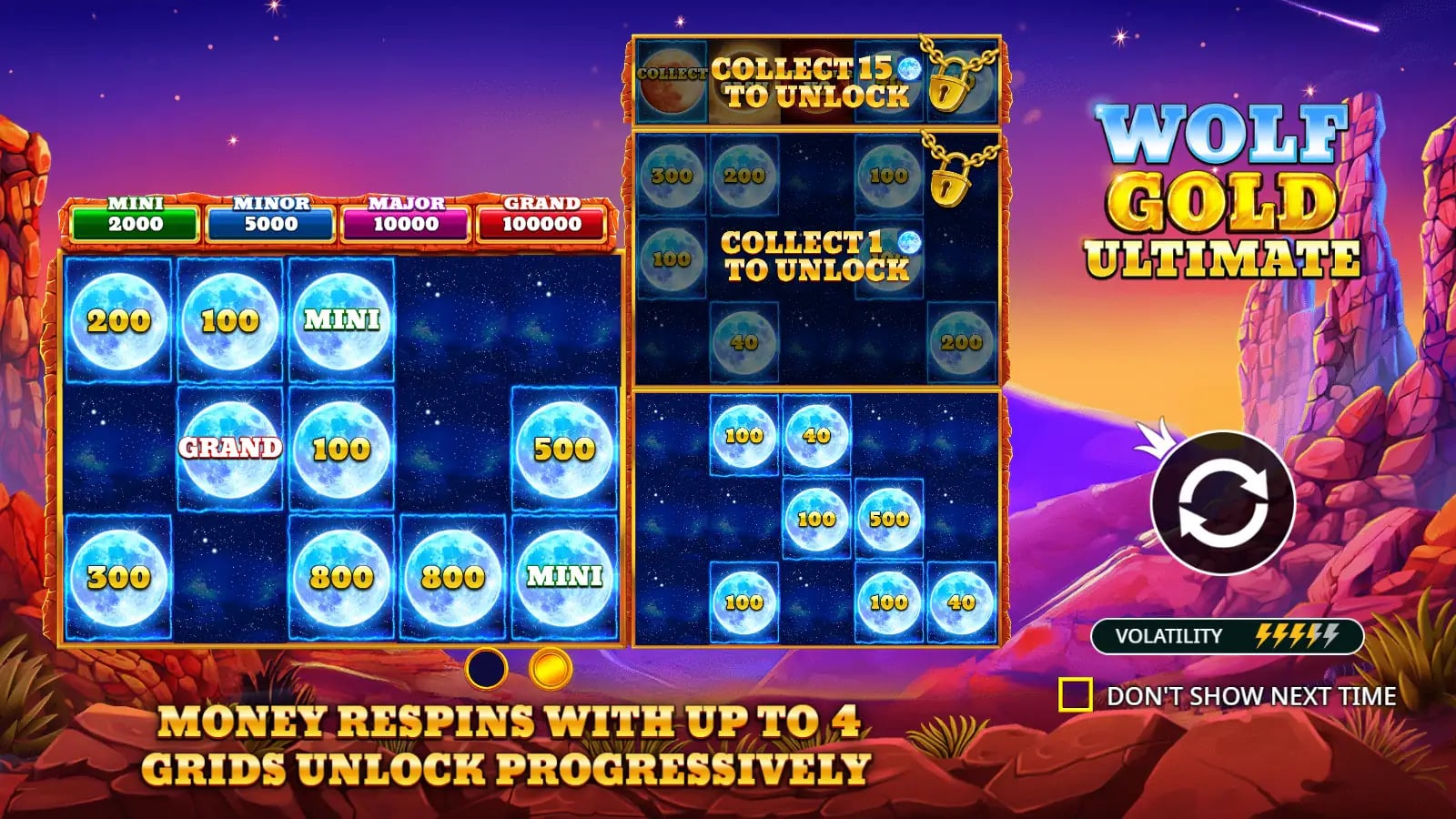 Wolf Gold Ultimate illustrated four-board money-respin introduction with example moon values and unlock prompts before play.
