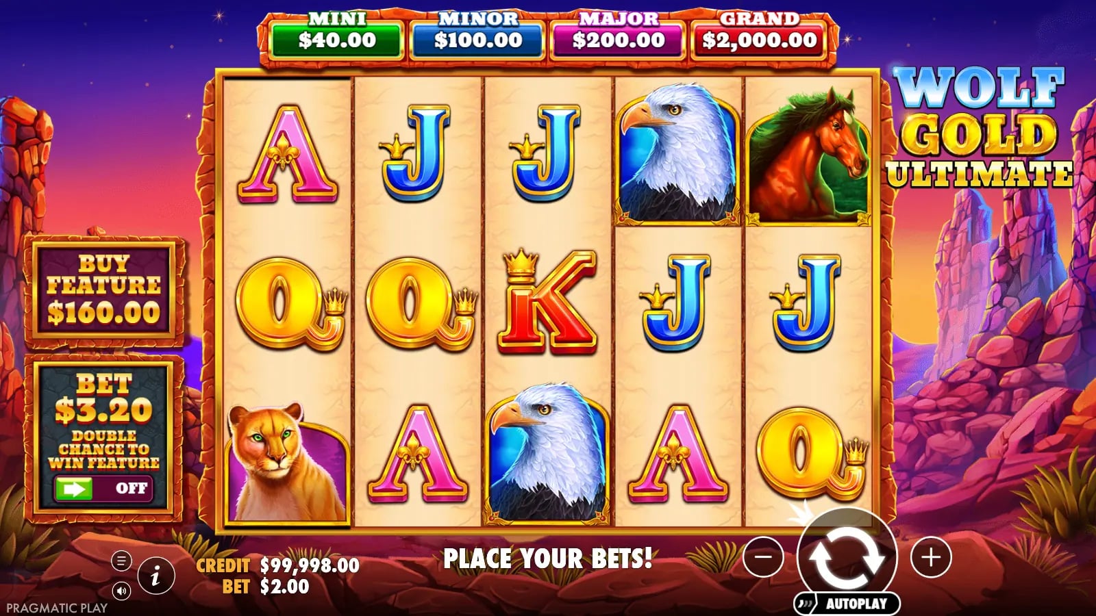 Wolf Gold Ultimate later ordinary 5×3 virtual-credit board after a $2 spin, without cash moons or bonus grids.