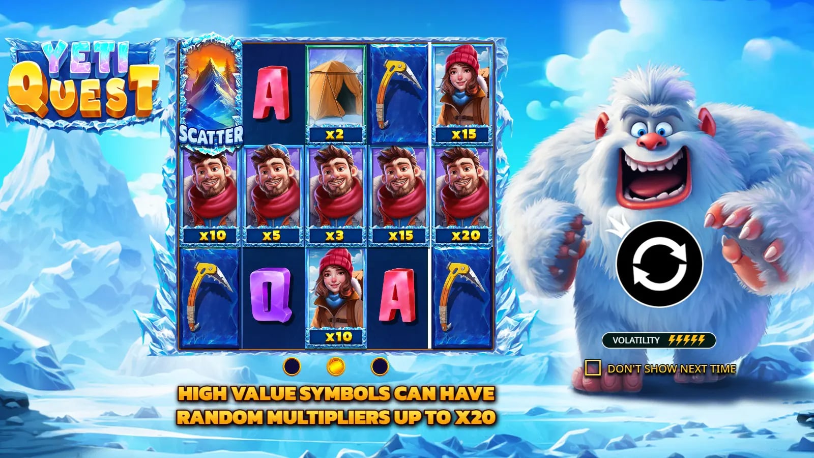 Yeti Quest official demo showing the complete snowy expedition and five-reel grid