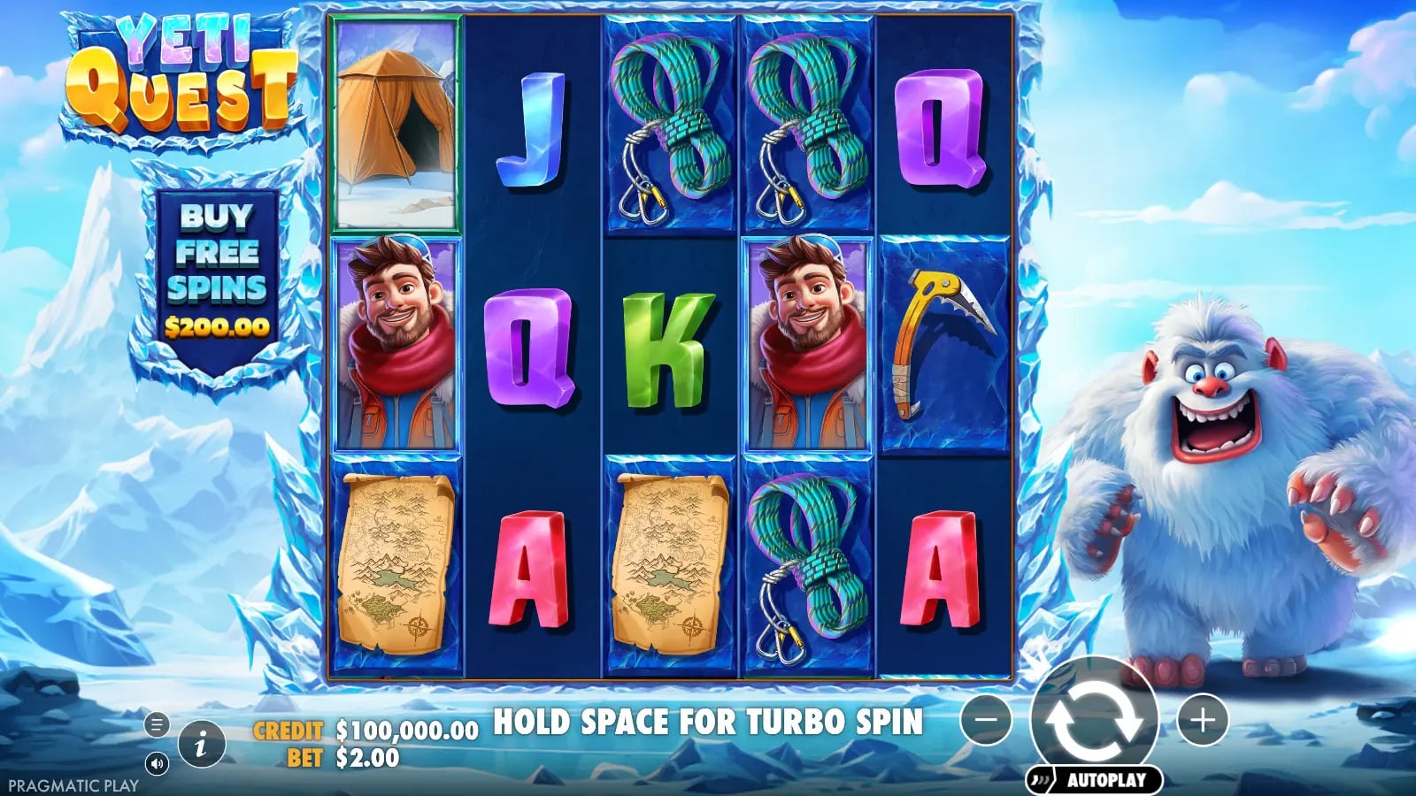 Yeti Quest live five-by-three base-game reels with tent, rope, climber and pickaxe symbols, Buy Free Spins control and virtual-credit balance.