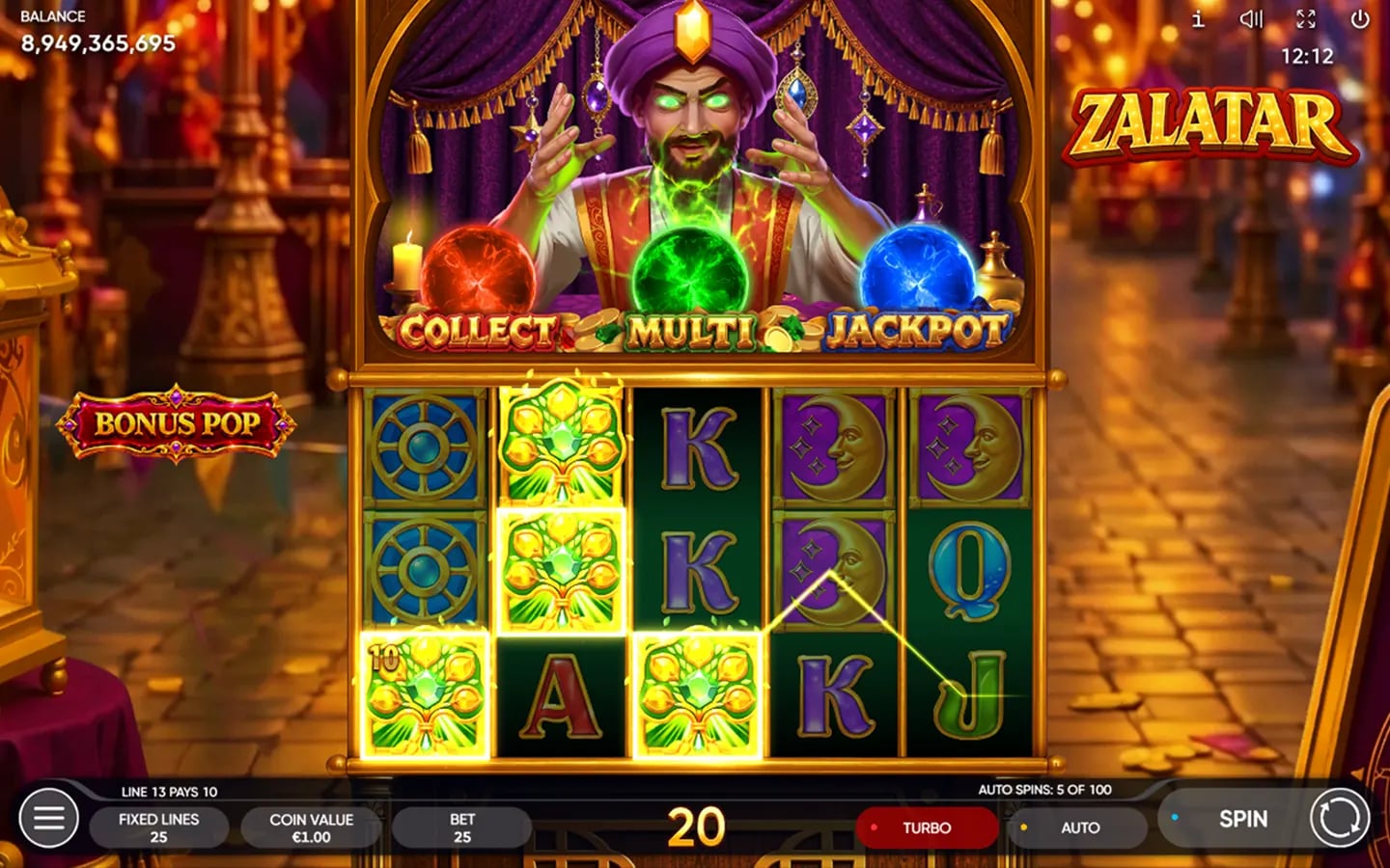 Zalatar official game view with the green Multi pile active above the five-reel slot grid