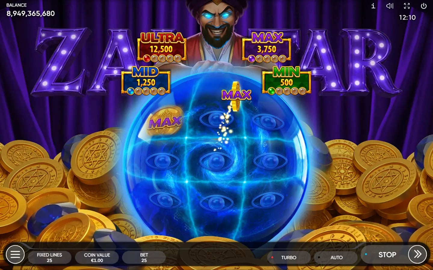 Zalatar official blue Jackpot orb showing Ultra, Max, Mid and Min fixed prize levels