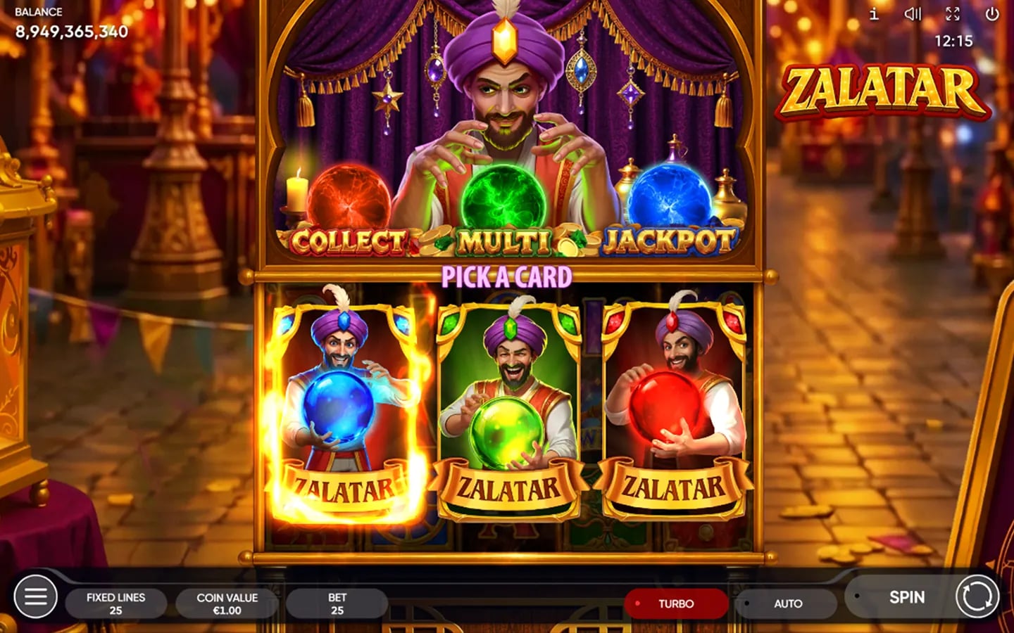 Zalatar official game view asking the player to pick a blue, green or red pile bonus card
