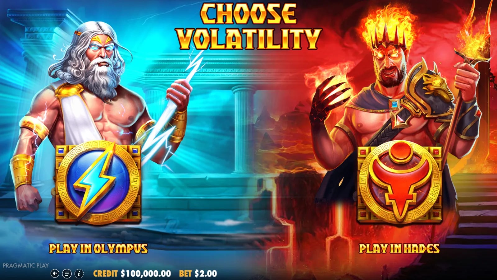 Zeus vs Hades official mode selection screen with Olympus and Hades choices at a $2 virtual bet.