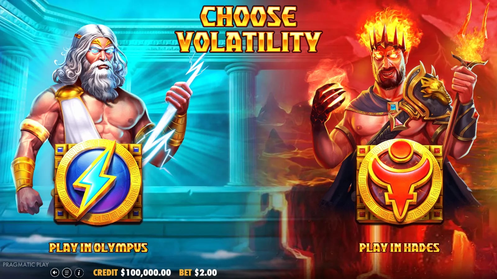 Zeus vs Hades Gods of War 250 mode selection with Olympus and Hades