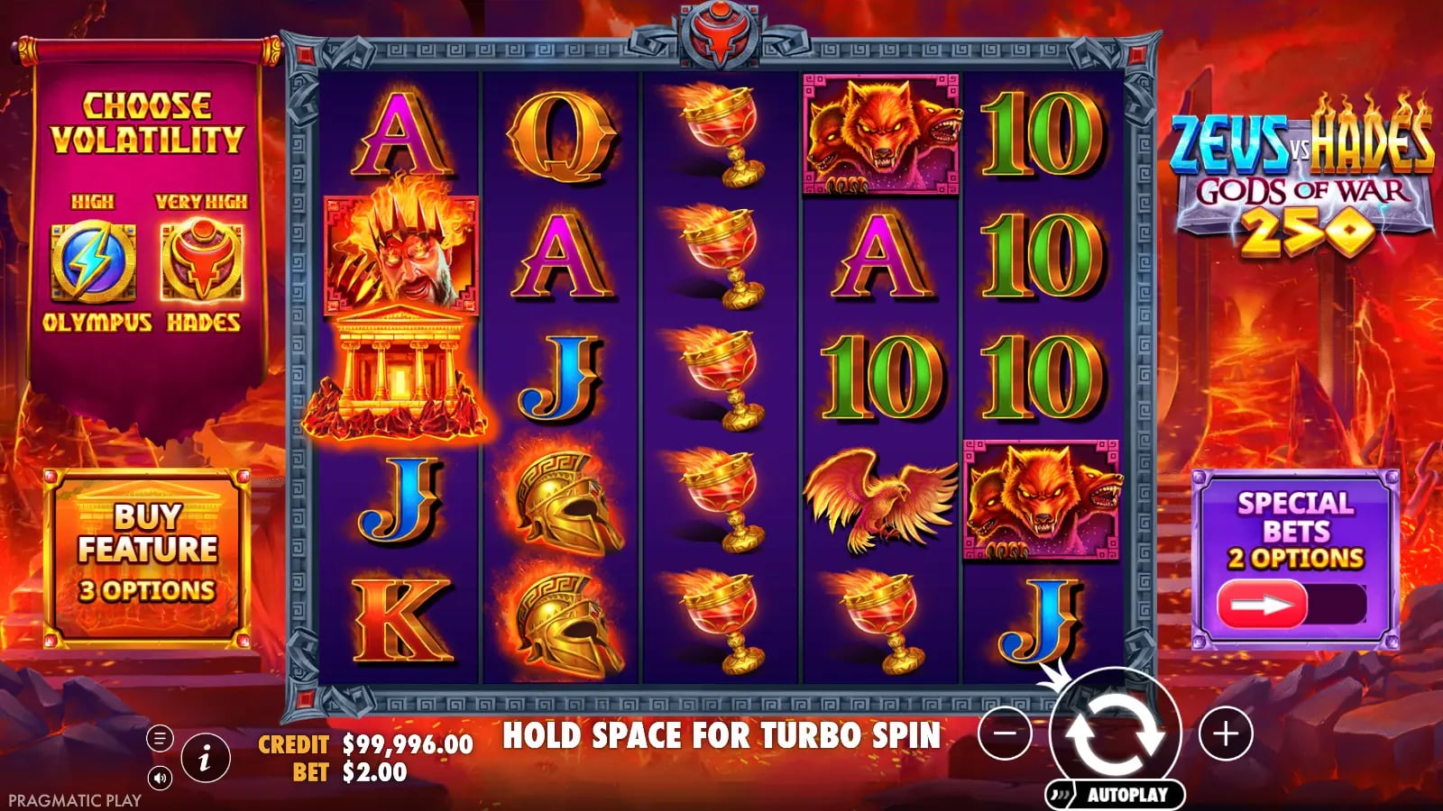 Zeus vs Hades 250 base game with High Olympus and Very High Hades labels