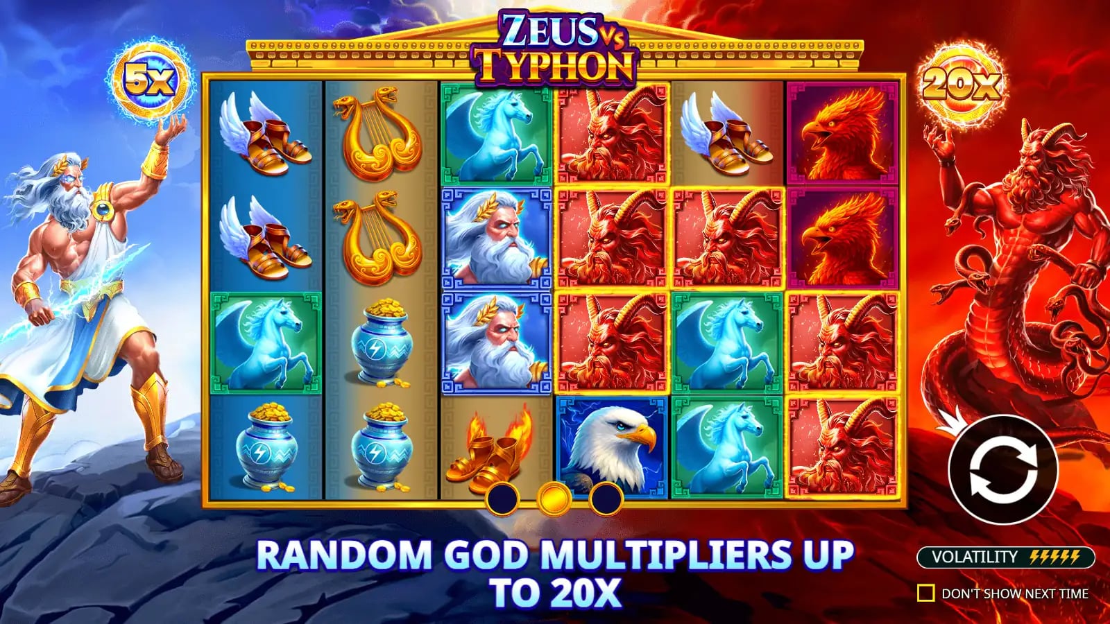 Zeus vs Typhon illustrated opening with Zeus and Typhon multiplier examples