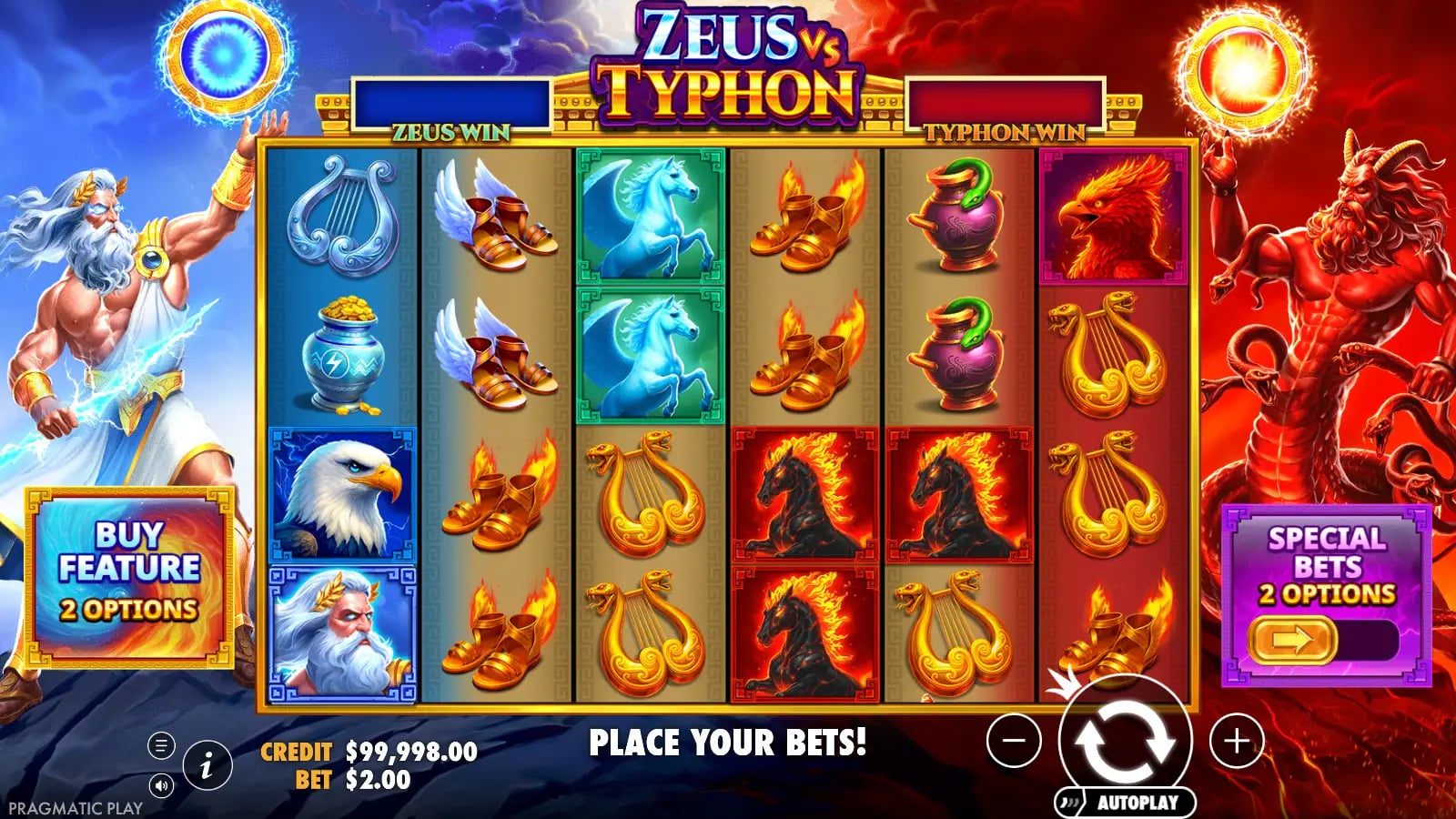 Zeus vs Typhon ordinary six-reel board with both side meters visible