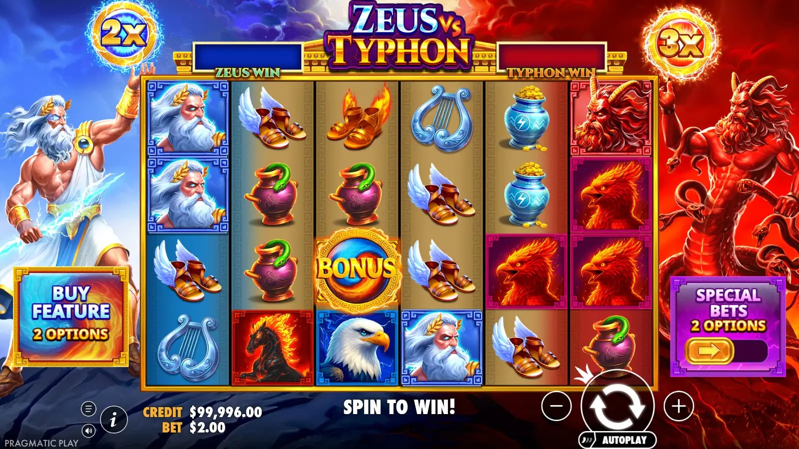 Zeus vs Typhon later base-game board with blue and red side values
