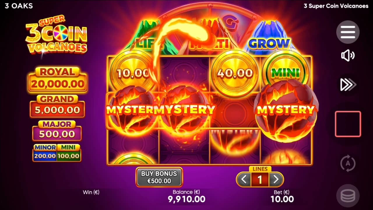 3 Super Coin Volcanoes: Four-by-three base field with Mystery symbols