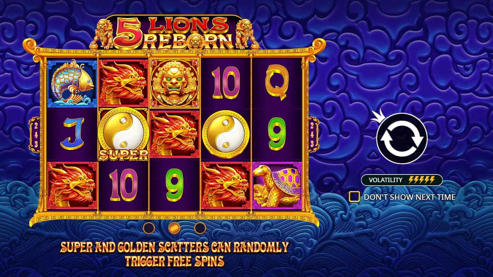 5 Lions Reborn opening tutorial with a five-by-three example grid and a SUPER Scatter symbol.