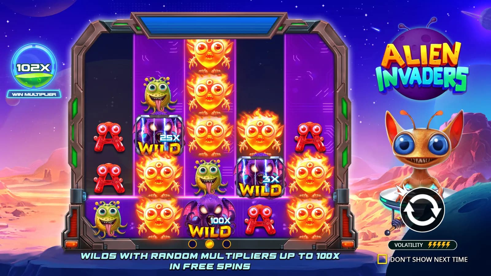 Alien Invaders official introductory board showing variable-height alien reels, multiplier Wild examples and Free Spins rule text.