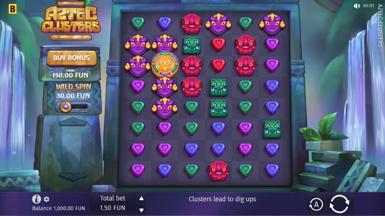 Aztec Clusters 6×8 grid and Wild Spin and Buy Bonus controls