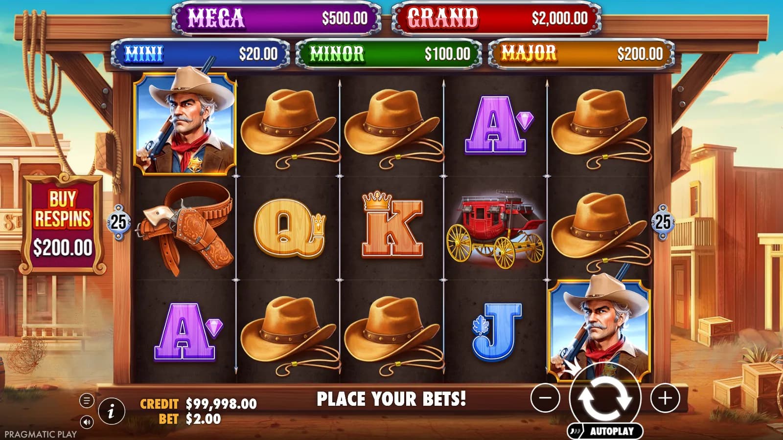 Badge Blitz base reels with hats, sheriff portraits, a carriage and the five jackpot tiers above.