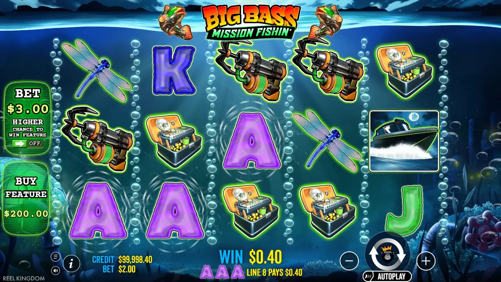 Big Bass Mission Fishin base reels with tackle symbols, speedboat and line win