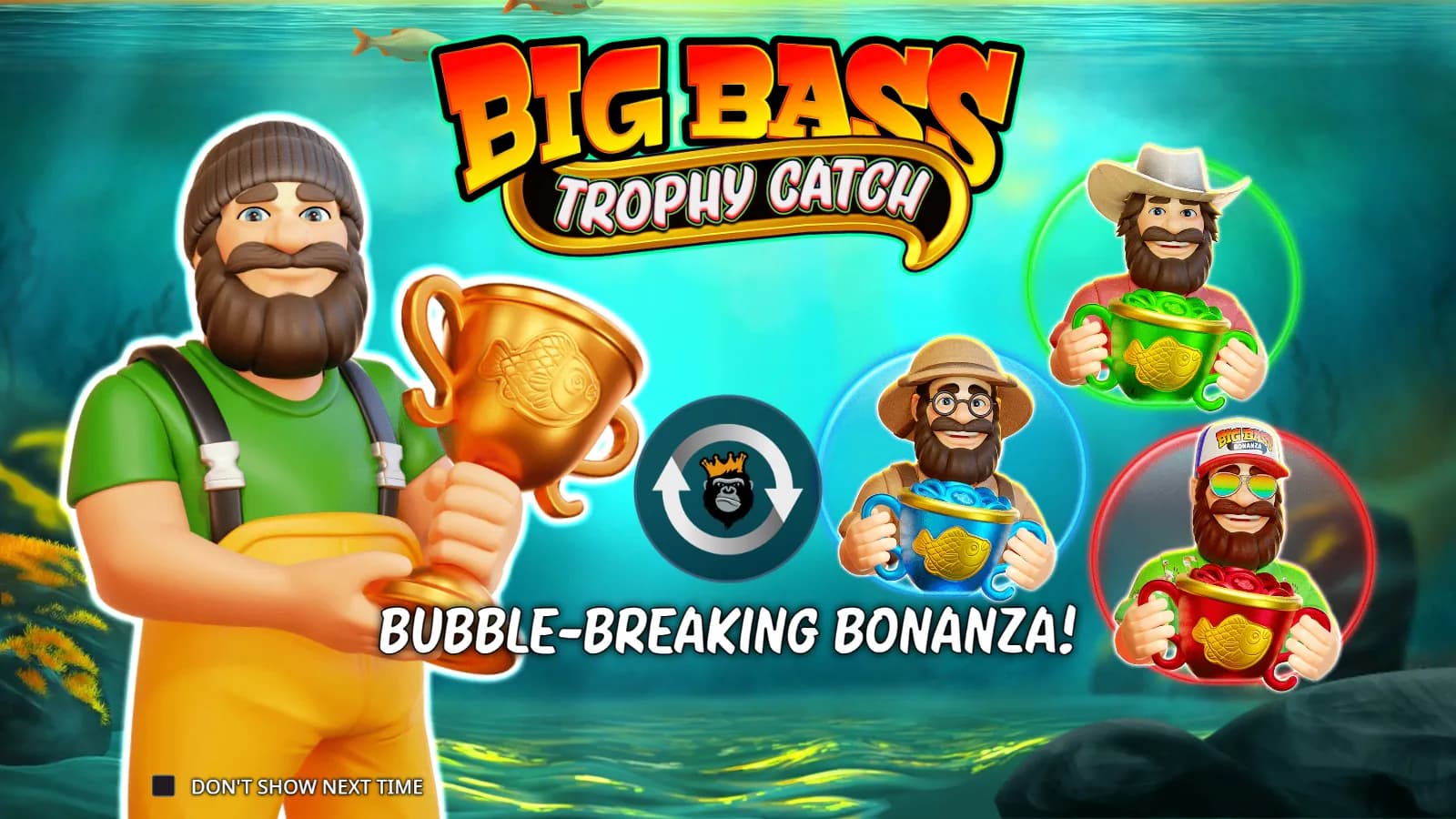 Big Bass Trophy Catch introductory screen with the fisherman and three coloured trophies