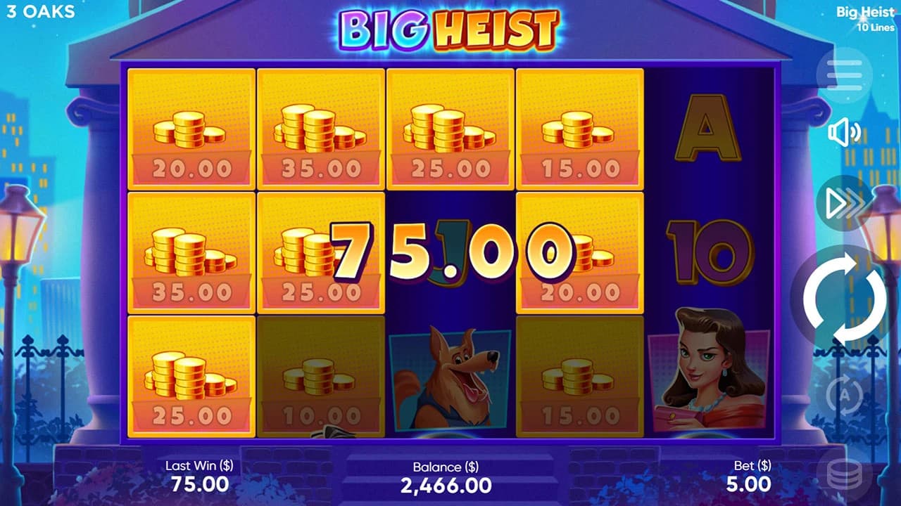Big Heist: Money values on the ten-line base game