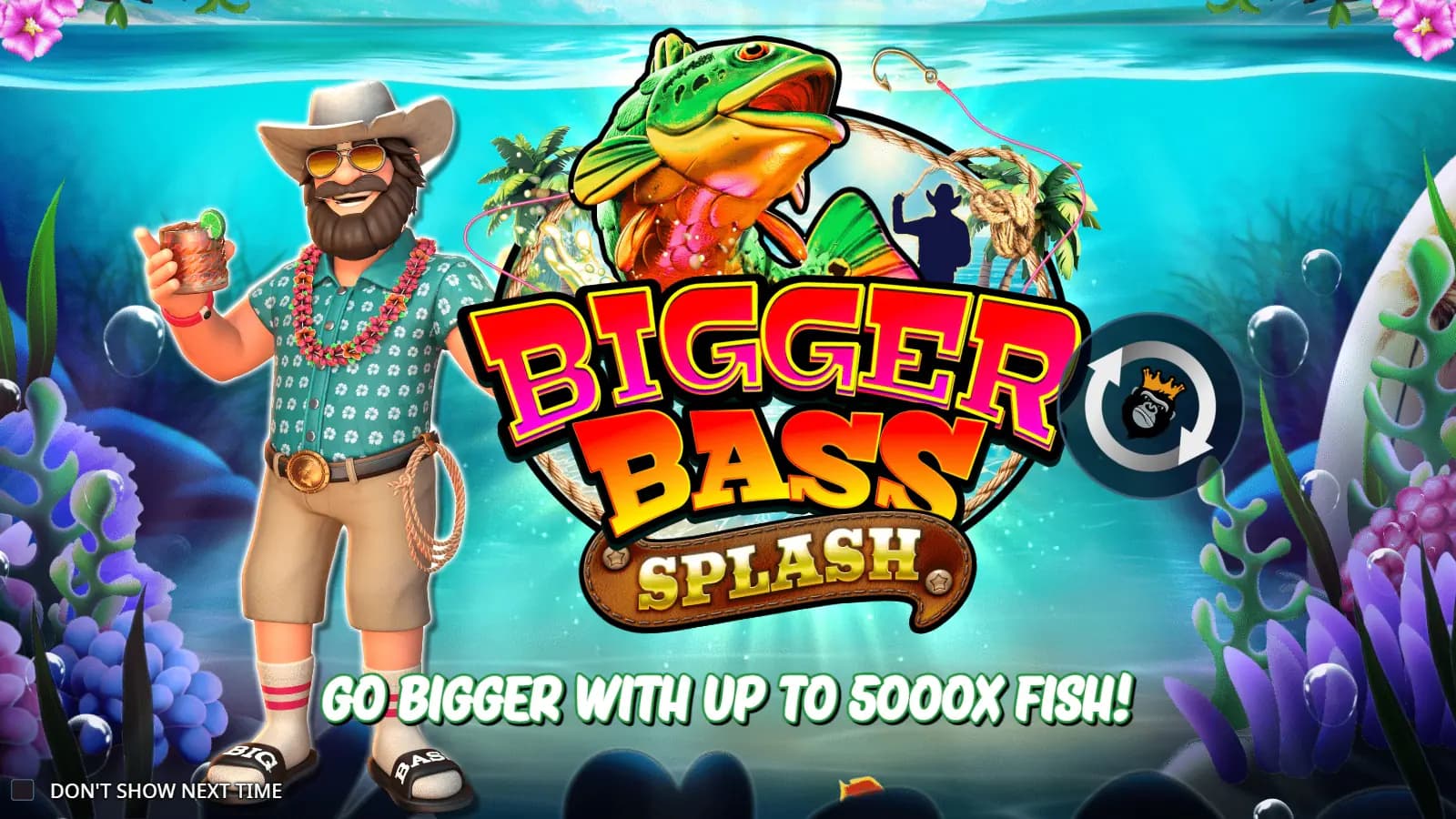 Bigger Bass Splash title illustration with fisherman and large fish
