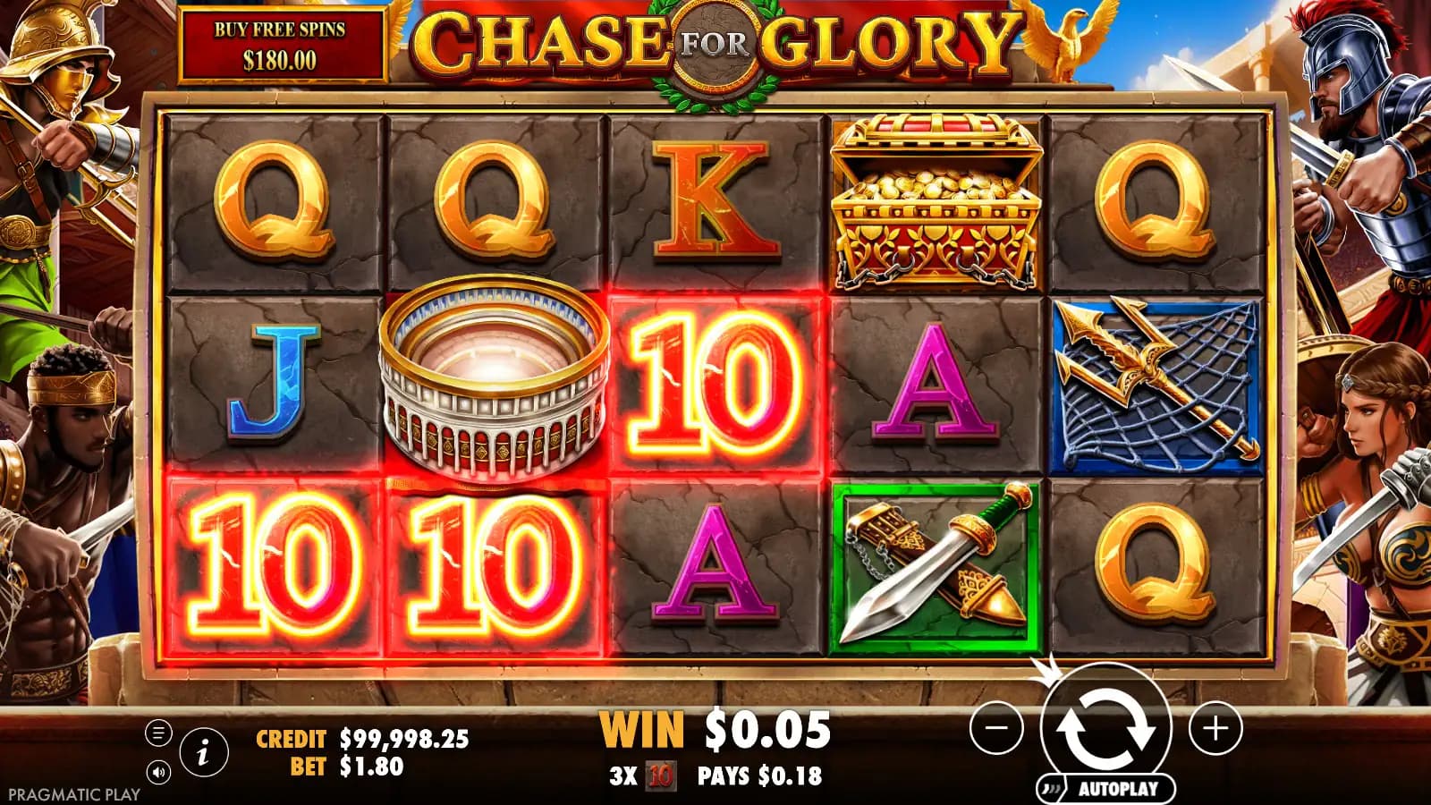 Chase for Glory base-game five-reel board with highlighted ten symbols