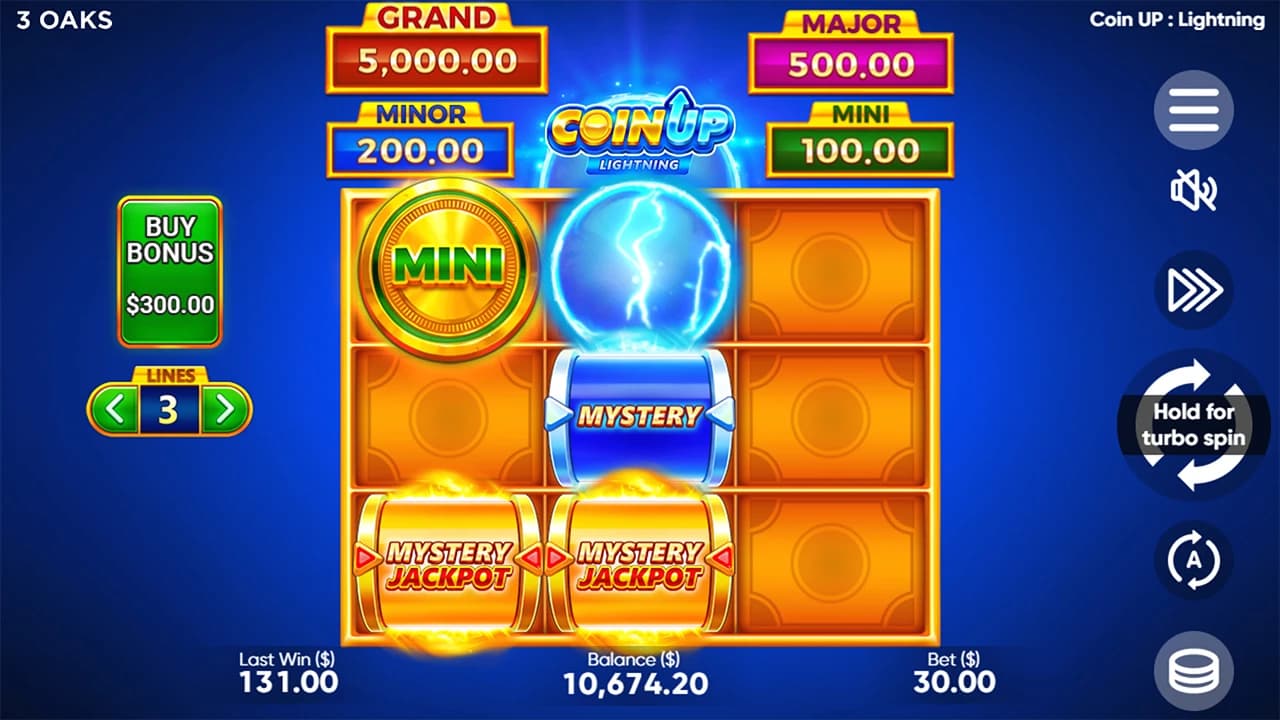 Coin UP: Lightning: starting field with sticky-type symbols and a line selector