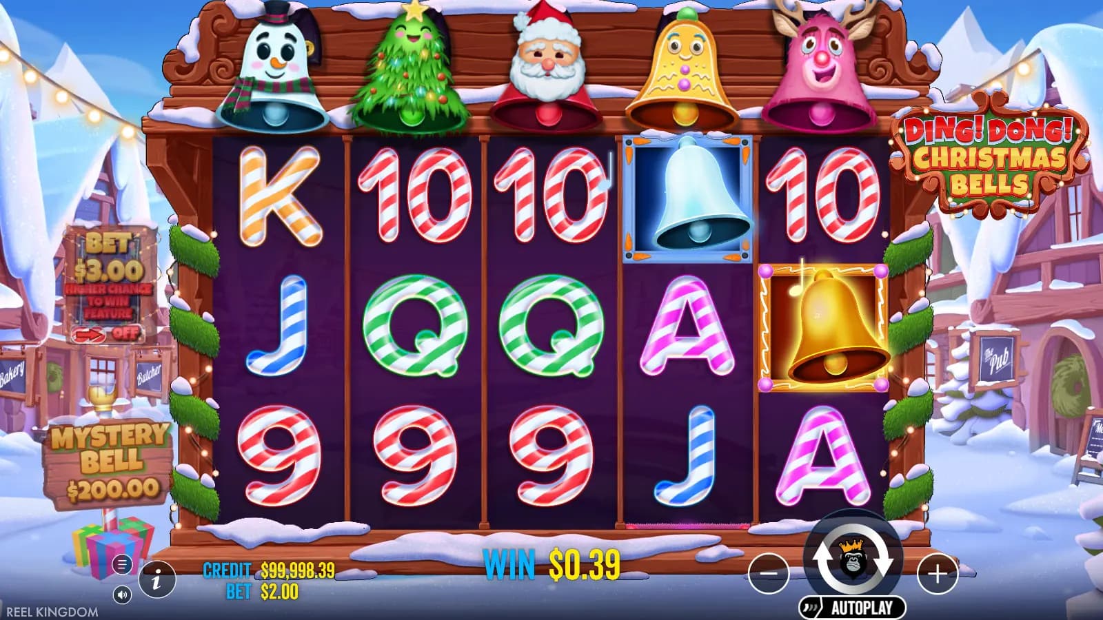 Ding Dong Christmas Bells base reels with pale and gold bells, five top characters and a Mystery Bell amount.