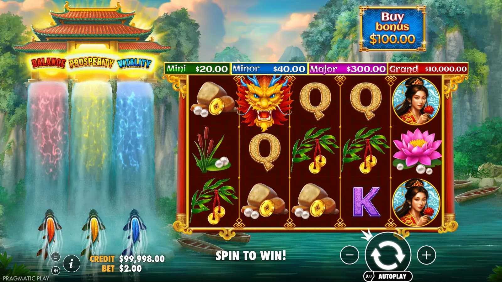 Dragon's Gate Bonus Choice base game with five reels and three coloured waterfalls
