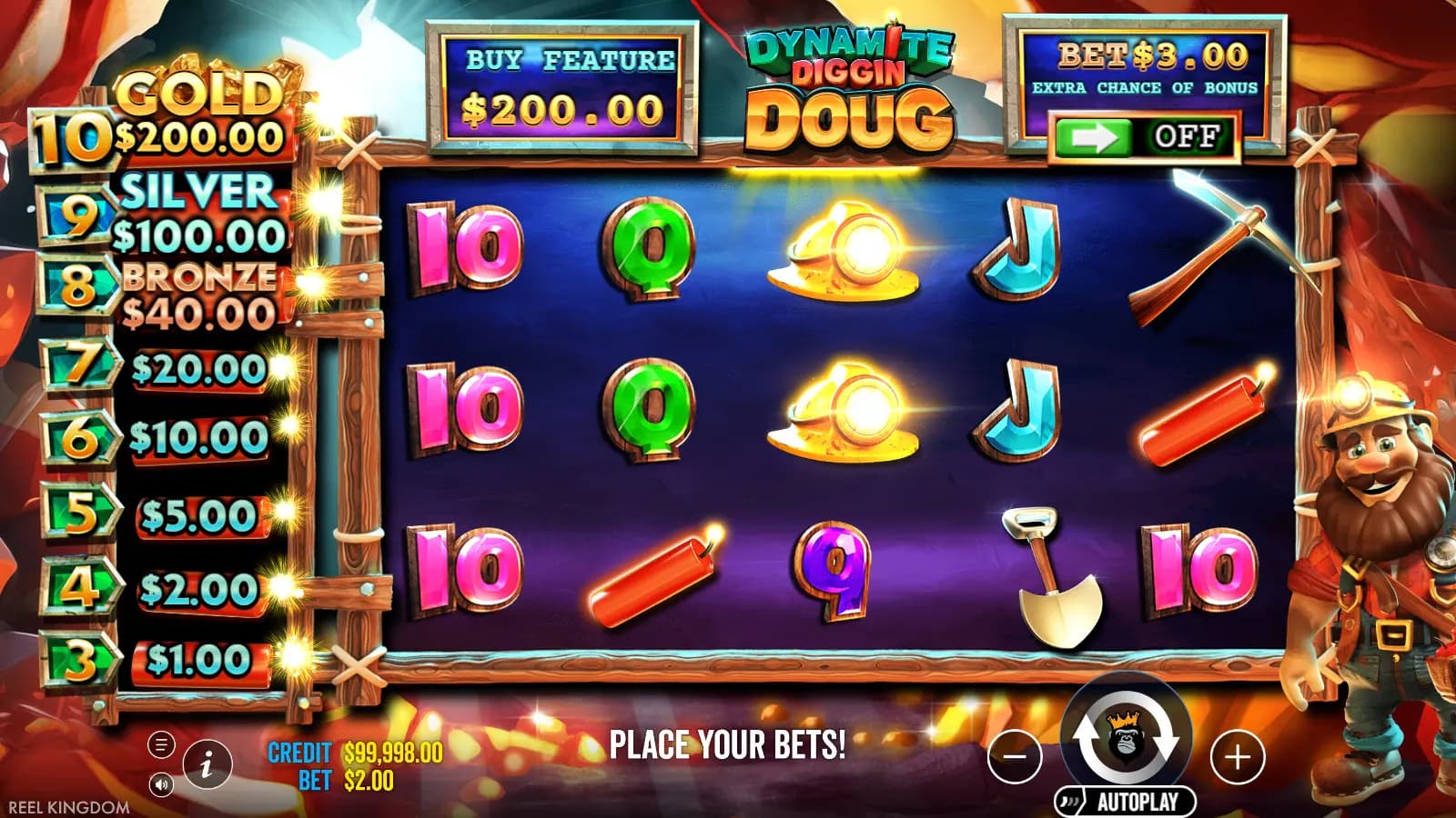 Dynamite Diggin Doug base screen with dynamite, miner and the prize ladder at left