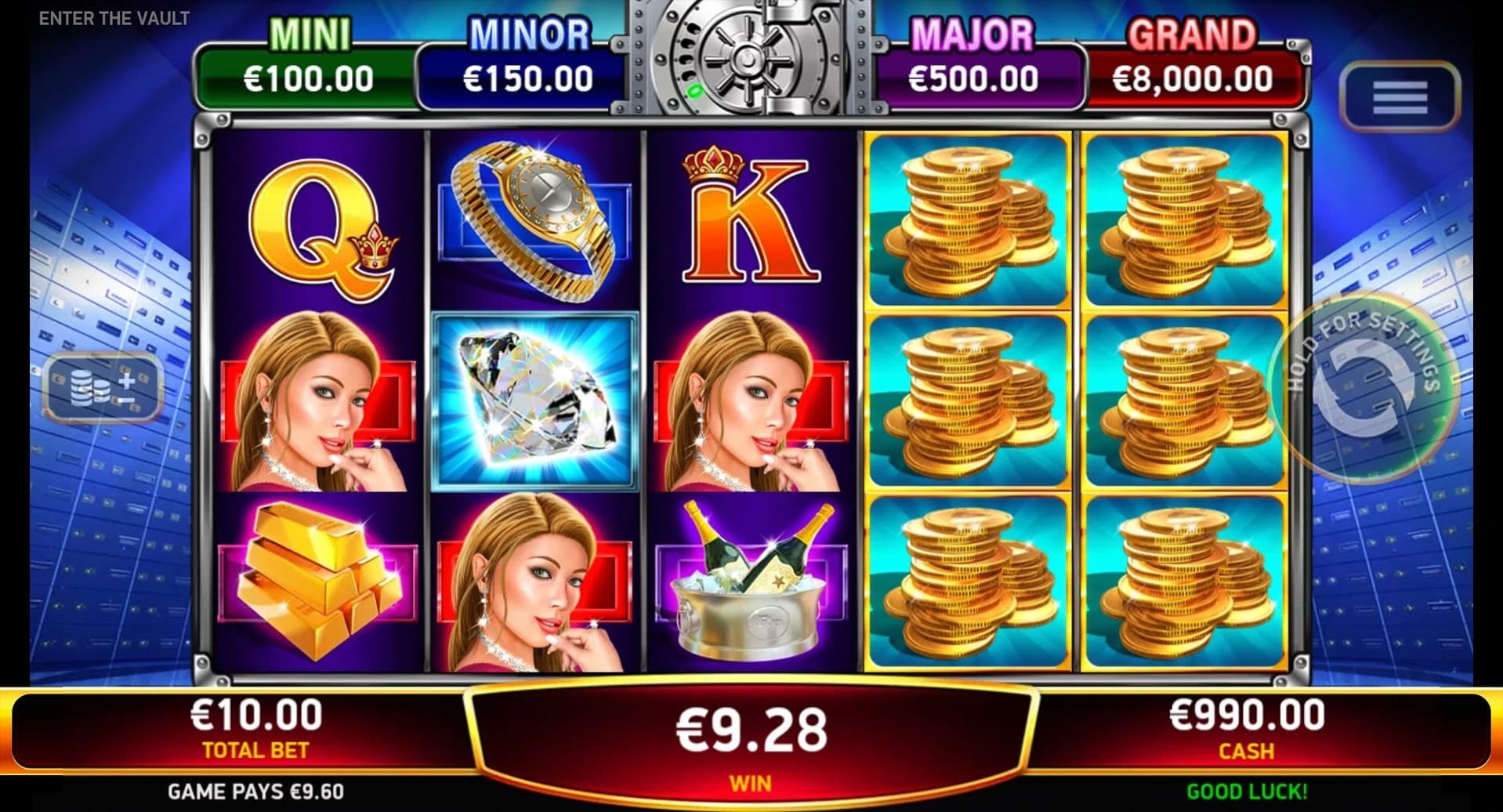 Enter the Vault: Main vault reels with coin stacks, diamond Wild and jewellery symbols.