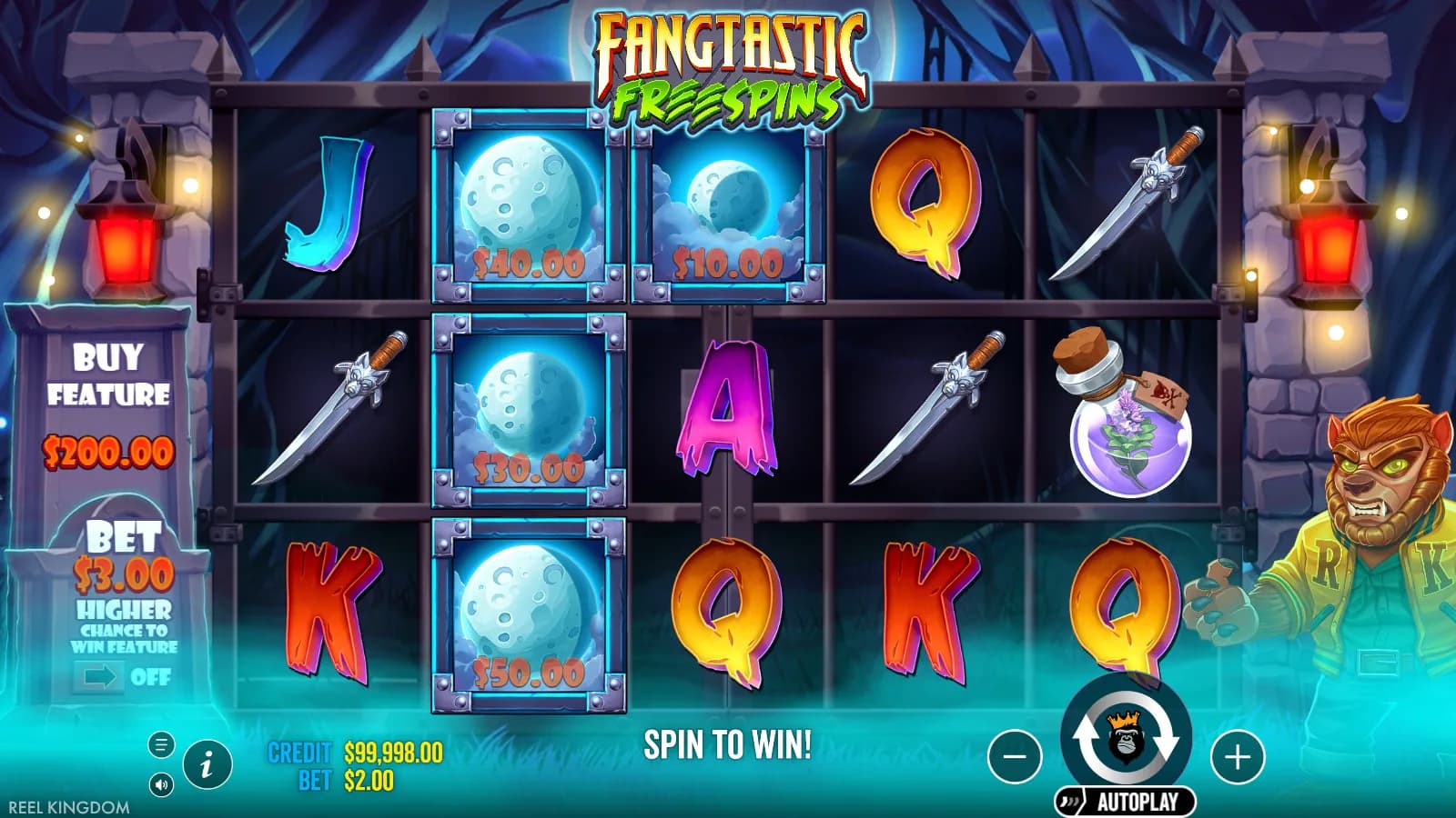 Fangtastic Freespins base-game reels with four printed cash moons