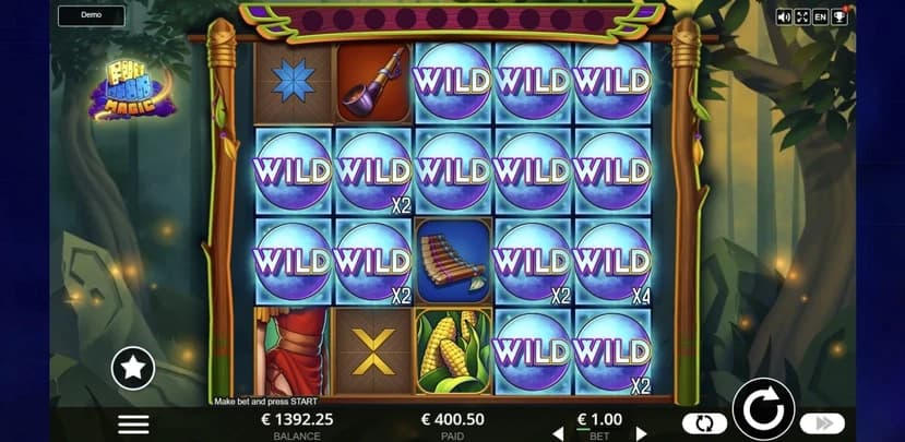Full Moon Magic: Tenth-spin main field with framed positions transformed to Wilds and multiplier annotations; a special base-game state, not idle play.