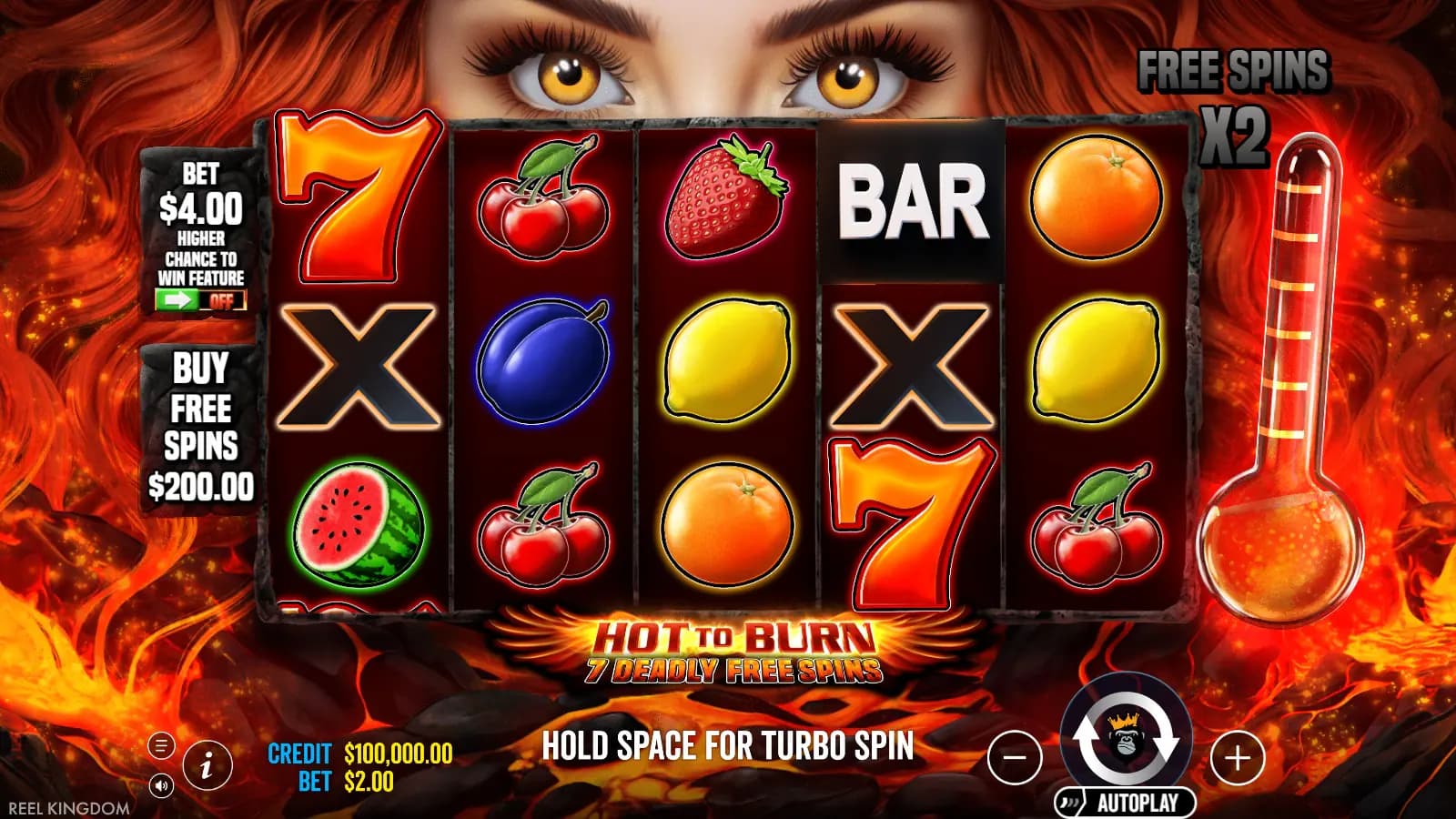 Hot to Burn 7 Deadly Free Spins ordinary five-by-three fruit board with $2 demo bet and thermometer.