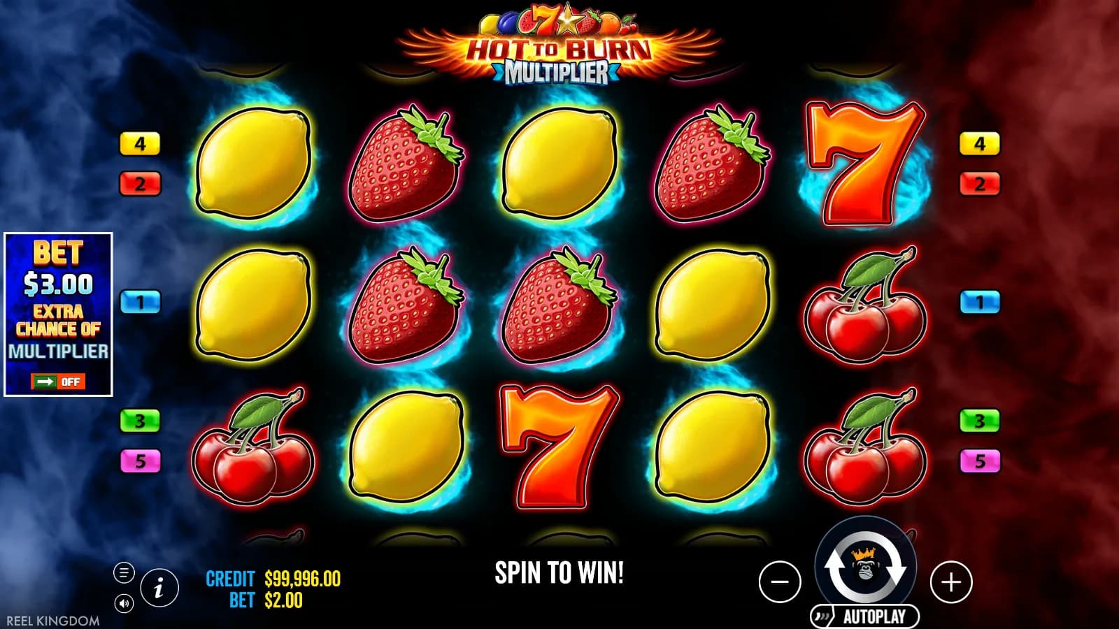 Hot to Burn Multiplier base result with lemons, strawberries and sevens