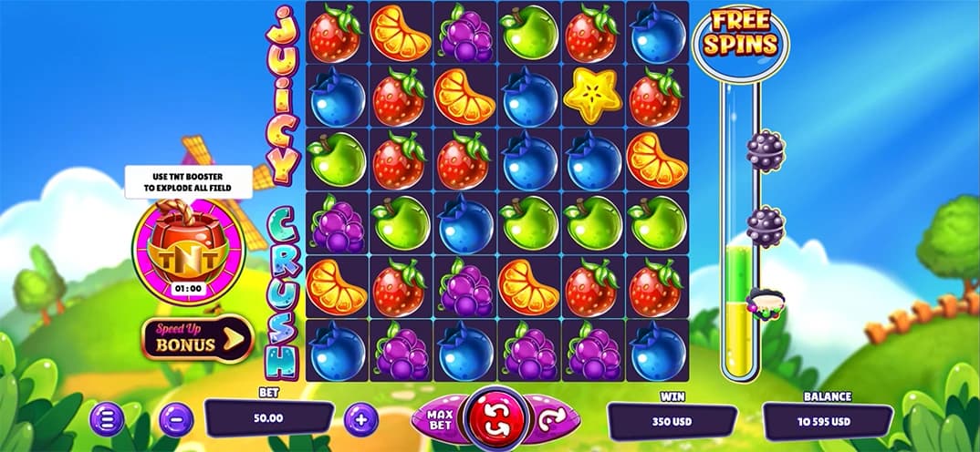 Juicy Crush: Six-by-six fruit field, booster controls on the left and free-spin progress meter on the right.