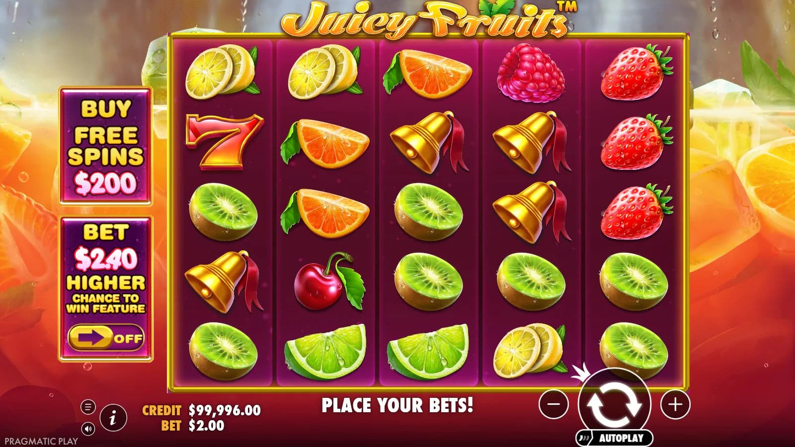 Juicy Fruits ordinary 5x5 fruit screen showing the saved 2 dollar bet and 200 dollar Buy Free Spins control.
