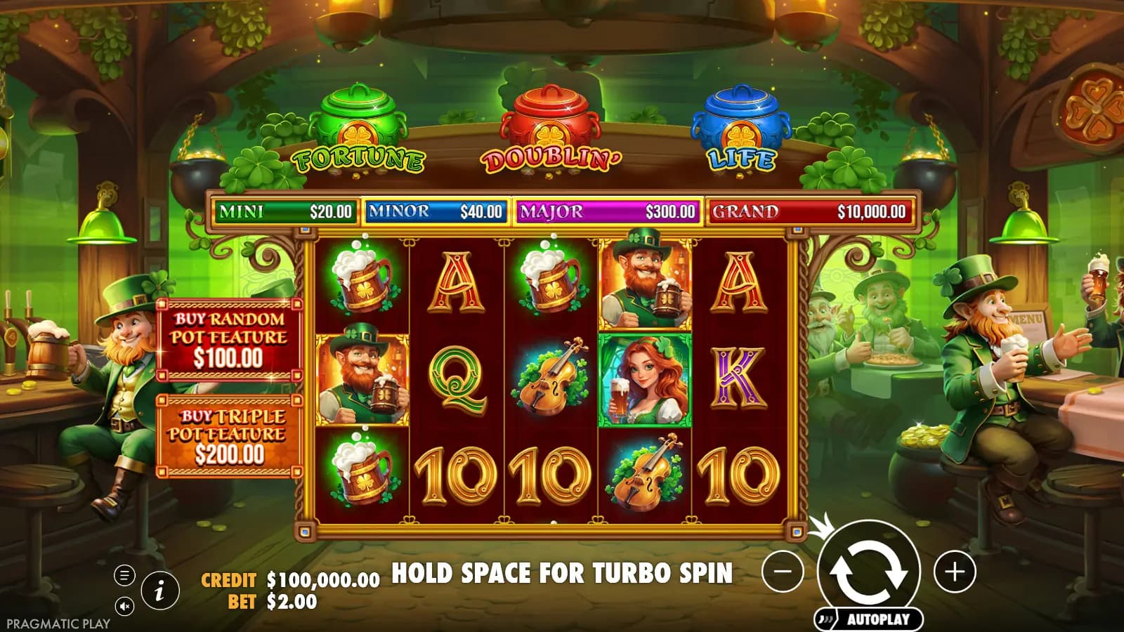 Lucky's Wild Pub base game with three coloured pots, five reels, buy-feature buttons and virtual-credit controls.