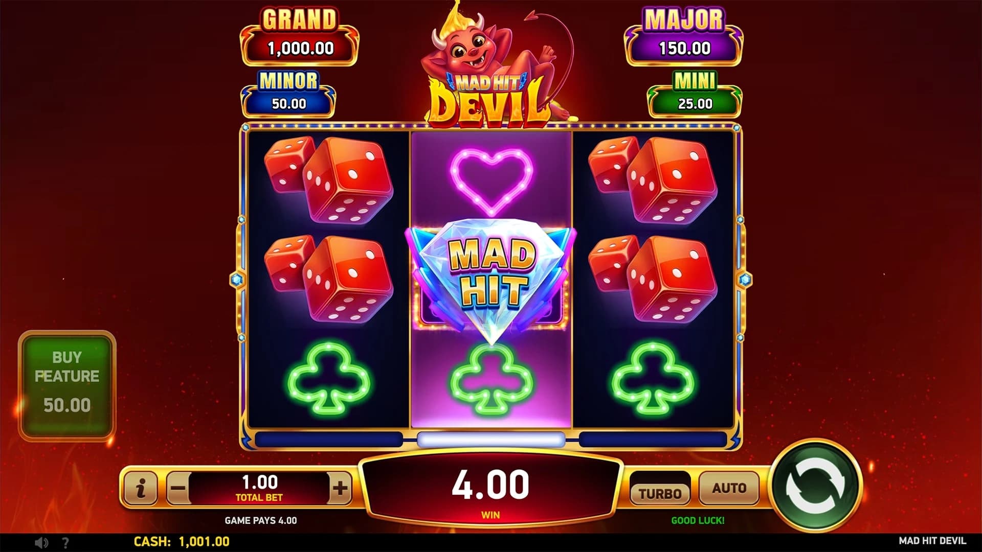 Mad Hit Devil: Three-by-three main field with a Mad Hit symbol in the centre reel.