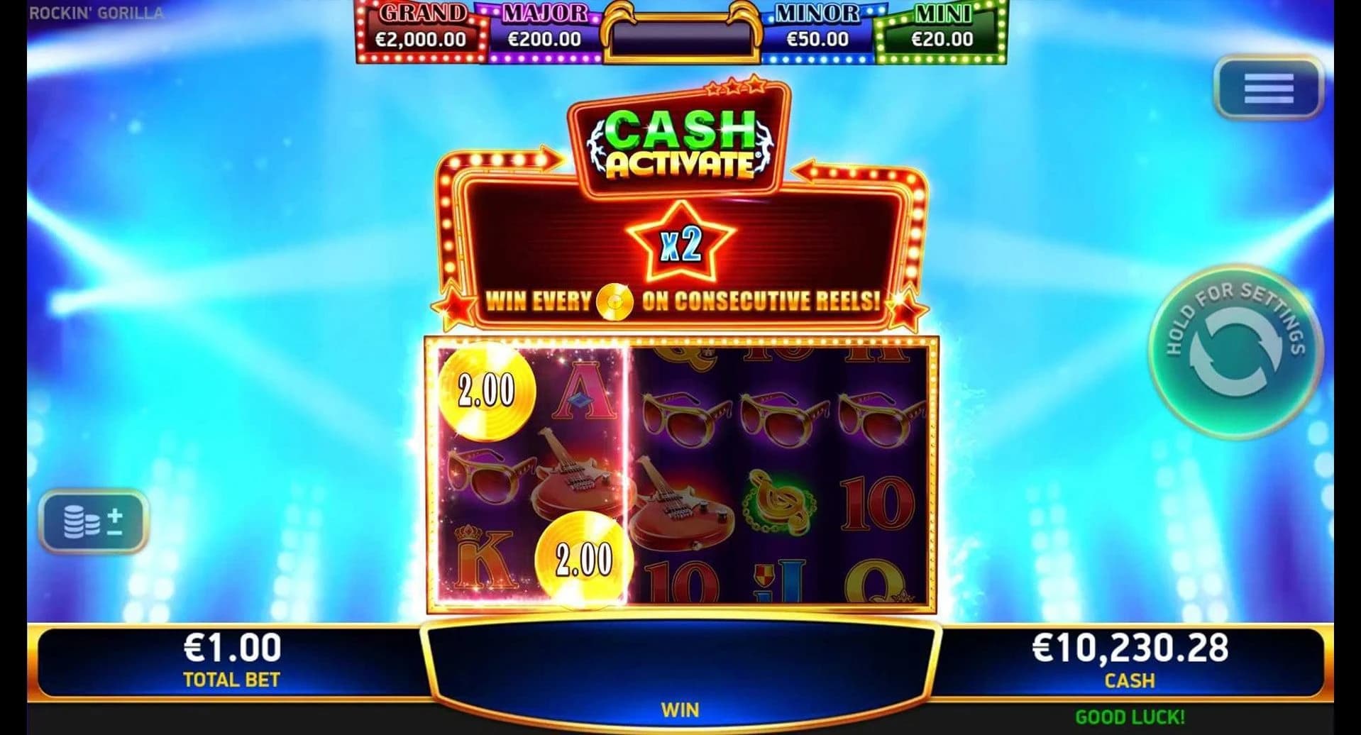 Rockin' Gorilla: Main concert reel field during Cash Activate with records on the left; actual base-game feature scene, not idle reels.