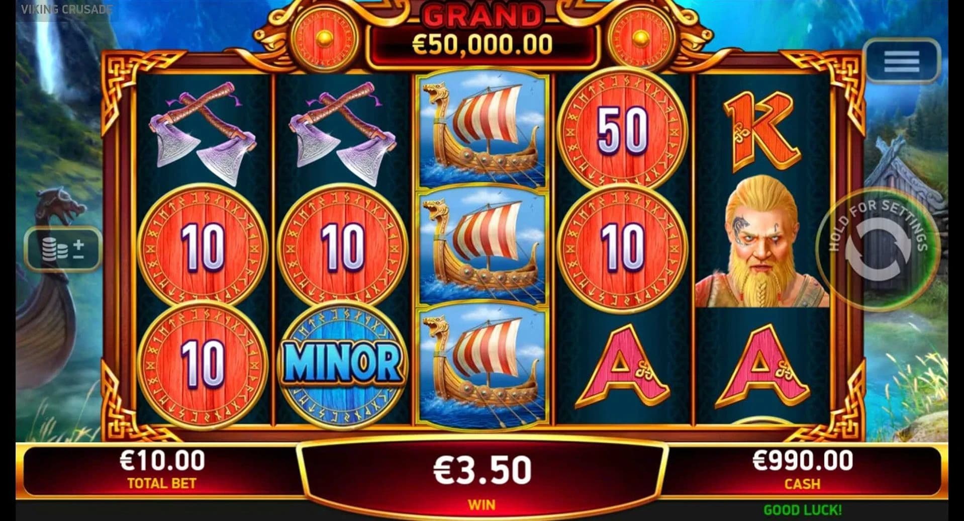 Viking Crusade: Main Viking field with red and blue shield prizes and jackpot labels above.