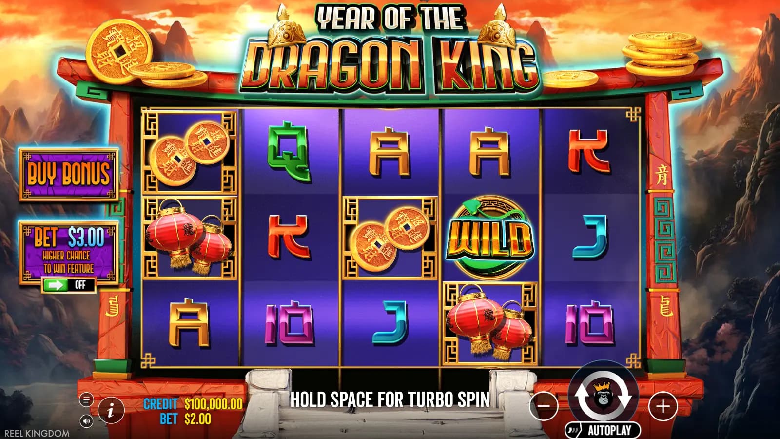 Year of the Dragon King base game with a Wild and coloured reel backgrounds